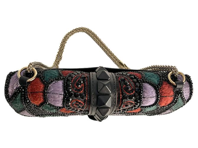 Valentino Garavani Borsa a spalla grande in pelle di vitello ricamata Rockstud Glam lock nera Nero - vista 8