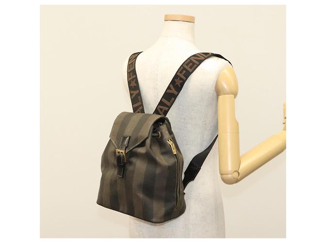Pequin FENDI Pecan Canvas Rucksack PVC Braun Schwarz Gold Auth 139650 Golden - Ansicht 24