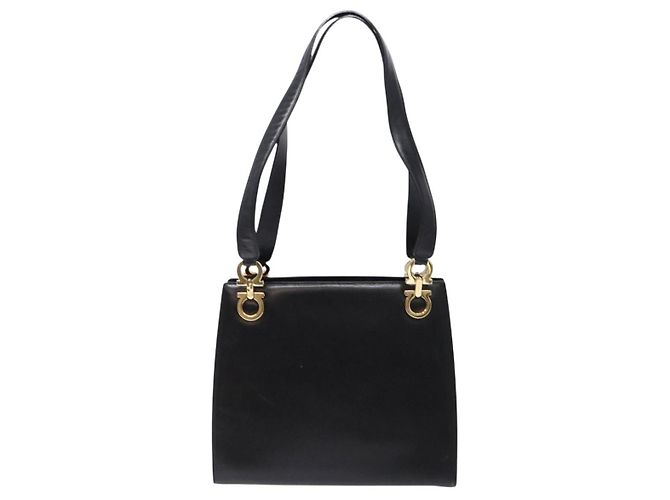 Borsa a Spalla Gancini in Pelle Nera e Oro Salvatore Ferragamo Auth 140104 Nero D'oro - vista 2