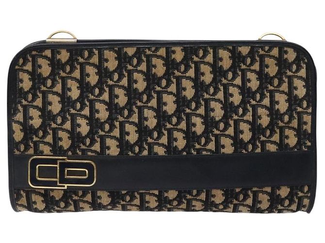 Borsa Clutch in Tela Trotter Christian Dior Blu Oro Auth 140289 - vista 2