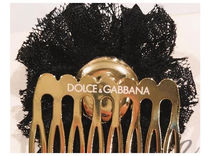 Pente delicado DOLCE & GABBANA em metal dourado com flor de seda preta Preto - vista 3