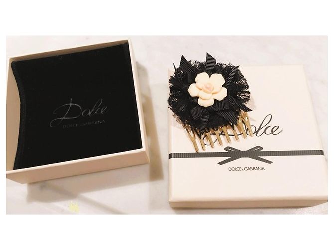 Pente delicado DOLCE & GABBANA em metal dourado com flor de seda preta Preto - vista 5