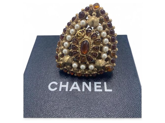 Chanel Seltene XL 11C Saint Tropez Runway Statement Gold Gripoix Perlenring Größe US 6 EU 52 Braun Beige Golden Gold hardware - Ansicht 12