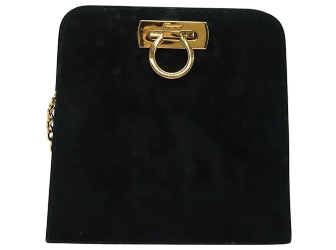 Borsa a spalla Gancini in suede nero e oro Salvatore Ferragamo Auth 140965 D'oro - vista 13