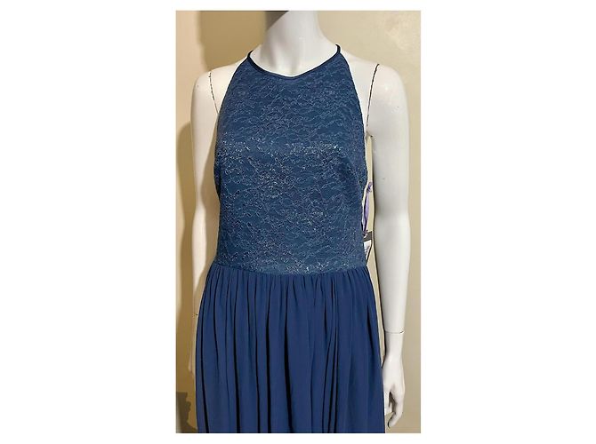 Vera Wang Abito da sera in pizzo e chiffon con schiena scoperta Blu Metallico - vista 2