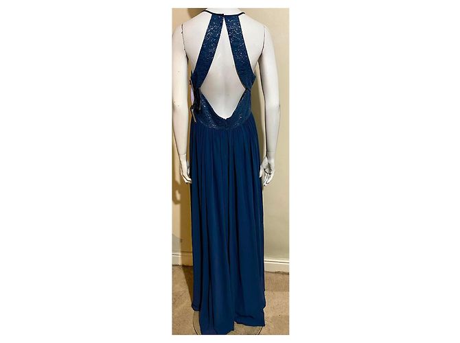 Vera Wang Abito da sera in pizzo e chiffon con schiena scoperta Blu Metallico - vista 3