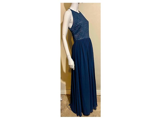 Vera Wang Abito da sera in pizzo e chiffon con schiena scoperta Blu Metallico - vista 4
