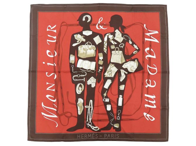 Foulard in seta multicolore Carré 90 Monsieur et Madame Hermès Marrone Rosso - vista 2