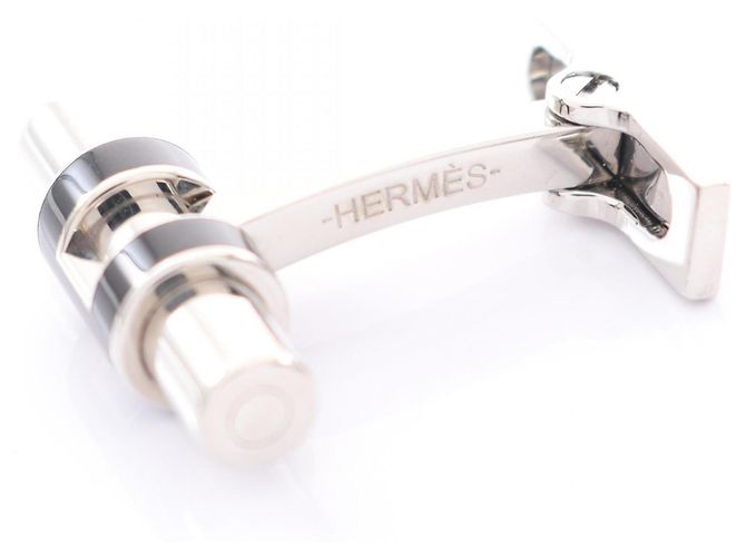 Abotoaduras Hermès Tube H Preto Prata - vista 3