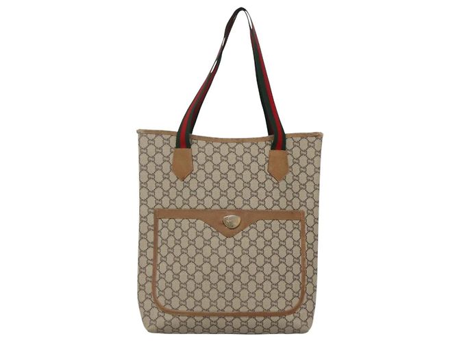 GUCCI GG Plus Supreme Web Sherry Line Tote Bag PVC Beige Gold Auth BA5355 Golden - view 13