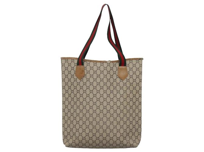 GUCCI GG Plus Supreme Web Sherry Line Tote Bag PVC Beige Gold Auth BA5355 Golden - view 2