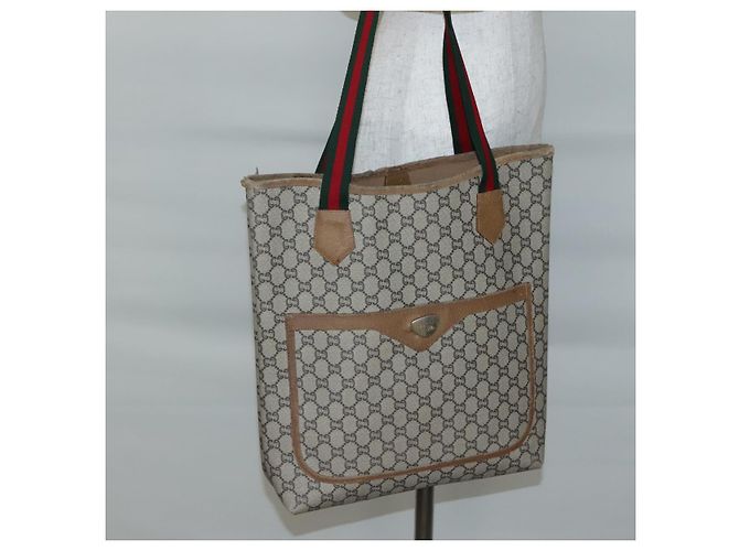 GUCCI GG Plus Supreme Web Sherry Line Tote Bag PVC Beige Gold Auth BA5355 Golden - view 21