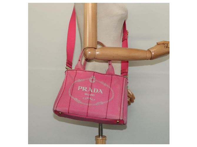 PRADA Borsa Canapa PM in Tela 2way Rosa Oro Auth ep10705 D'oro - vista 24