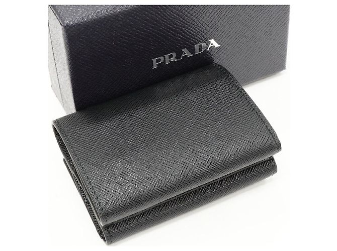 Prada Saffiano Triangle Compact Wallet Leather Wallet Black - view 2