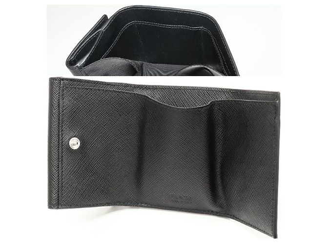 Prada Saffiano Triangle Compact Wallet Leather Wallet Black - view 3