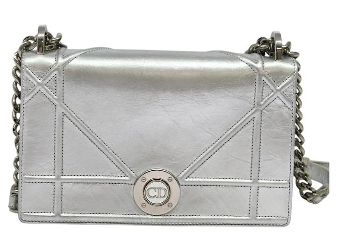 Christian Dior Borsa a Spalla Chain Diorama in Pelle Argento Auth BA5163 - vista 13