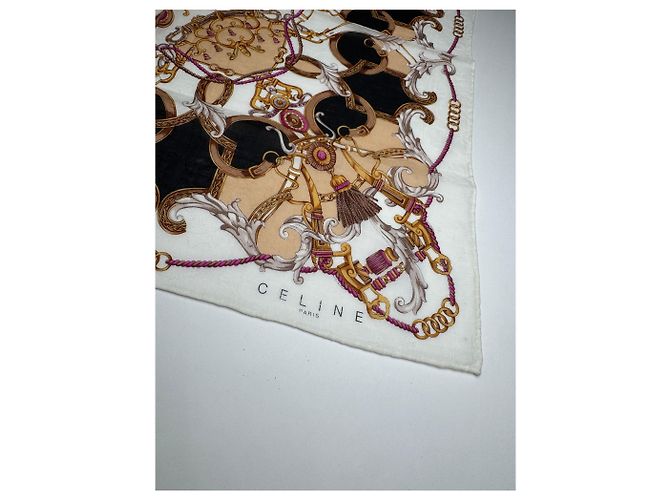 Céline Foulard in seta vintage Celine bianco e marrone - vista 3