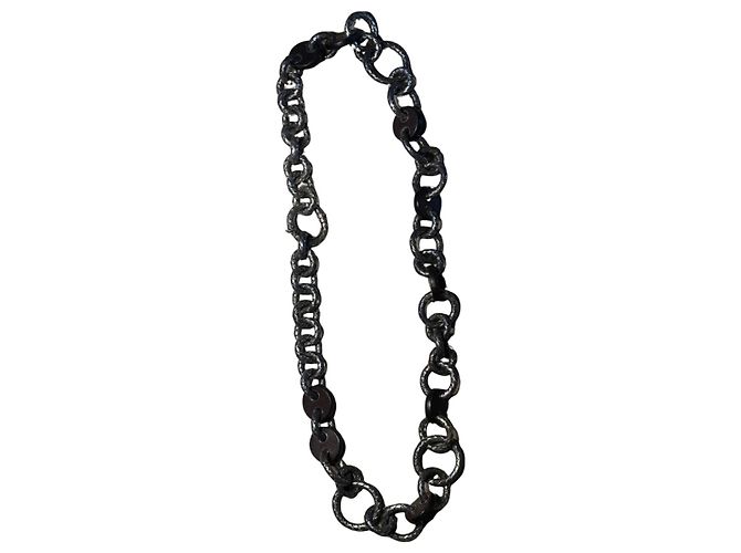 Bottega Veneta Collana in Argento Brunito con Intreccio Pelle Marrone - vista 3