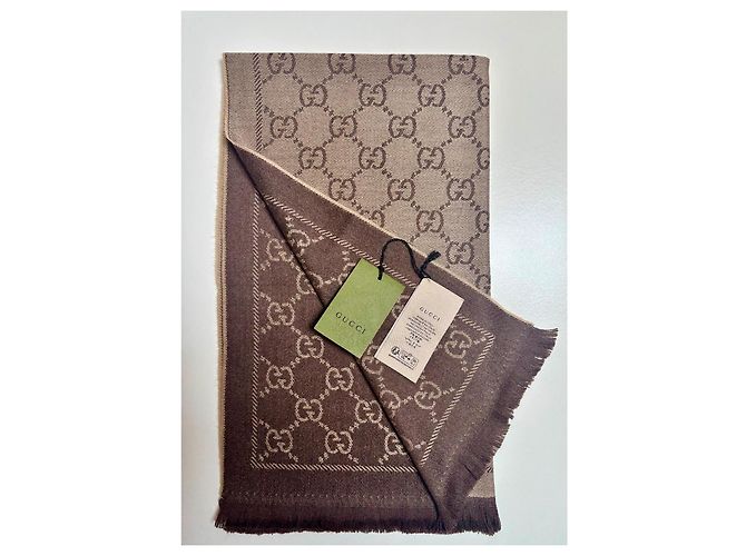 Sciarpa Gucci reversibile in jacquard di lana biologica con frange marroni - vista 2