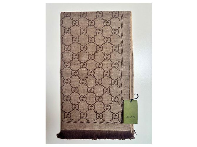 Sciarpa Gucci reversibile in jacquard di lana biologica con frange marroni - vista 3