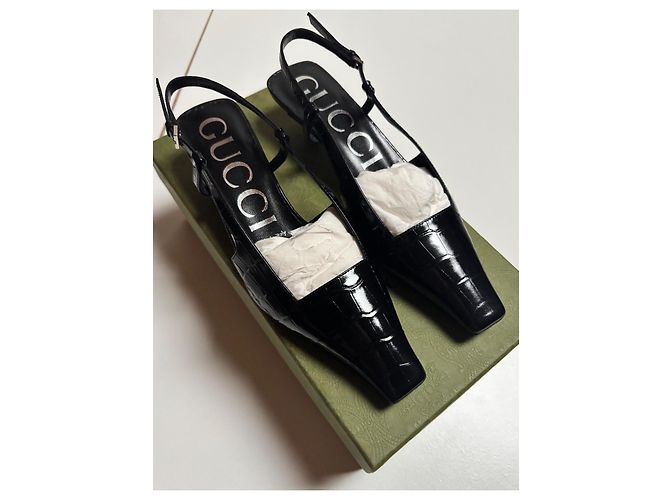 Gucci Black Crocodile-Embossed Leather Back-Strap Pumps - view 2