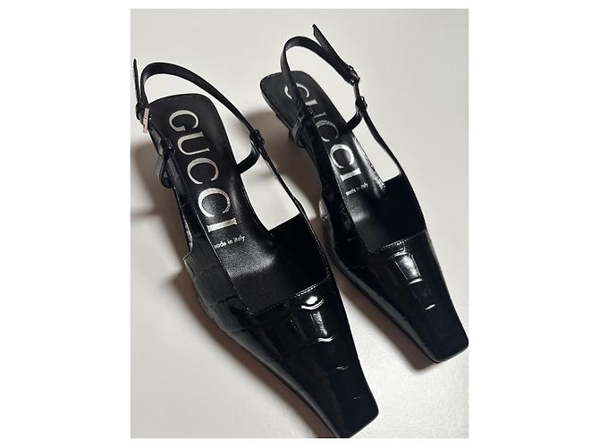 Gucci Black Crocodile-Embossed Leather Back-Strap Pumps - view 4