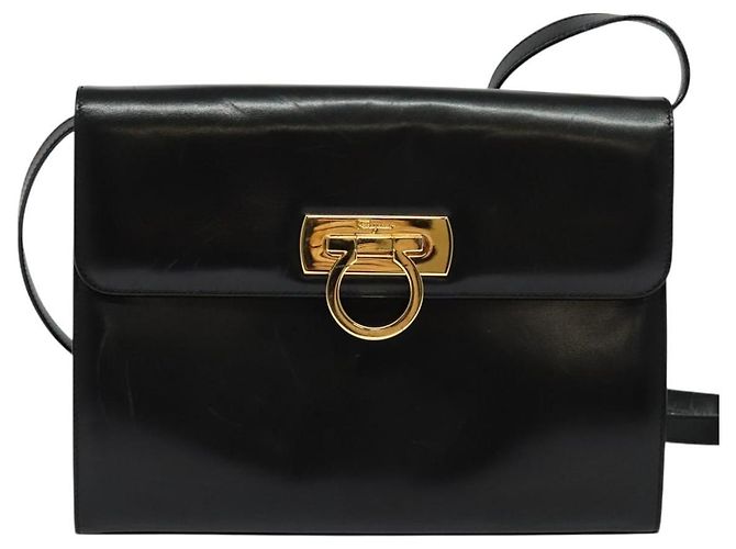 Borsa a Spalla Gancini in Pelle Nera e Oro Salvatore Ferragamo Auth 142187 Nero D'oro - vista 13