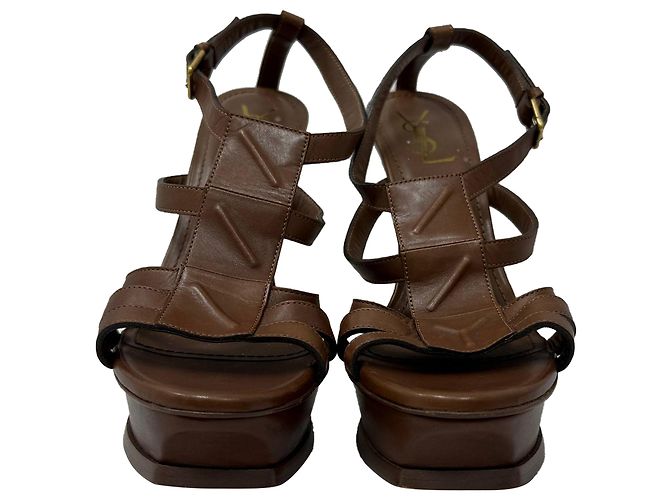 Sandali con piattaforma Tribute di Saint Laurent in pelle marrone - vista 3
