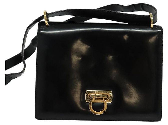 Borsa a Spalla Gancini in Pelle Nera e Oro Salvatore Ferragamo Auth 140988 Nero D'oro - vista 13