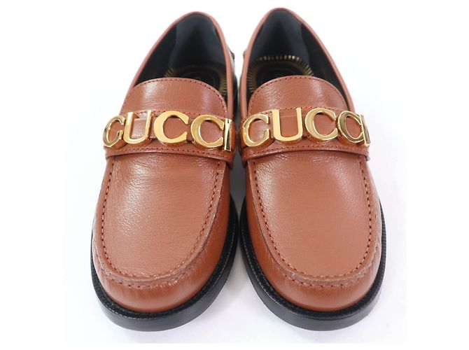 Mocassini in pelle con logo Gucci in metallo Marrone - vista 4