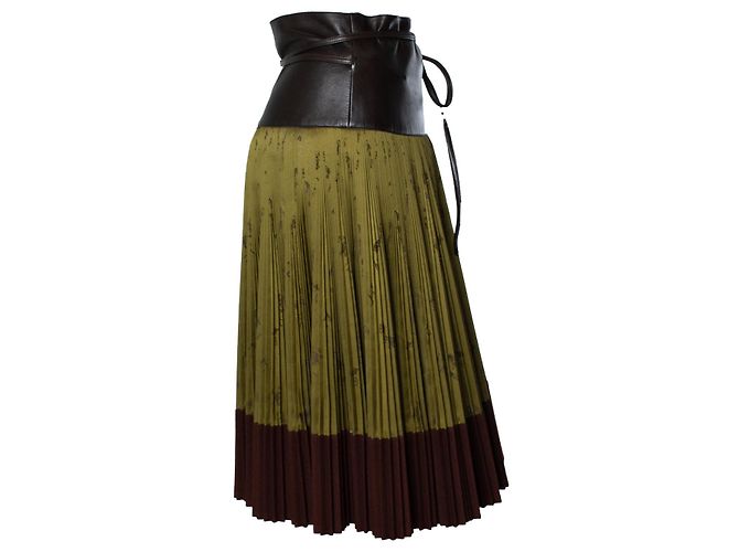 Hermès, Gonna plissettata vintage lunghezza ginocchio Marrone Verde - vista 4