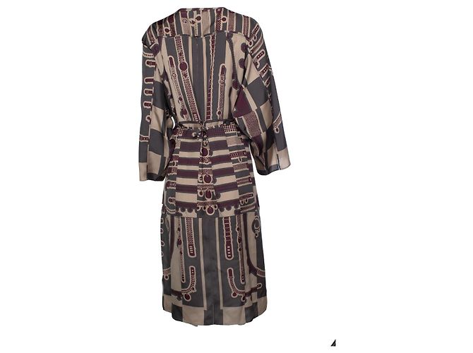 Hermès Vestido midi de seda con volantes y estampado de cinturón Hermes Gris Púrpura - vista 3