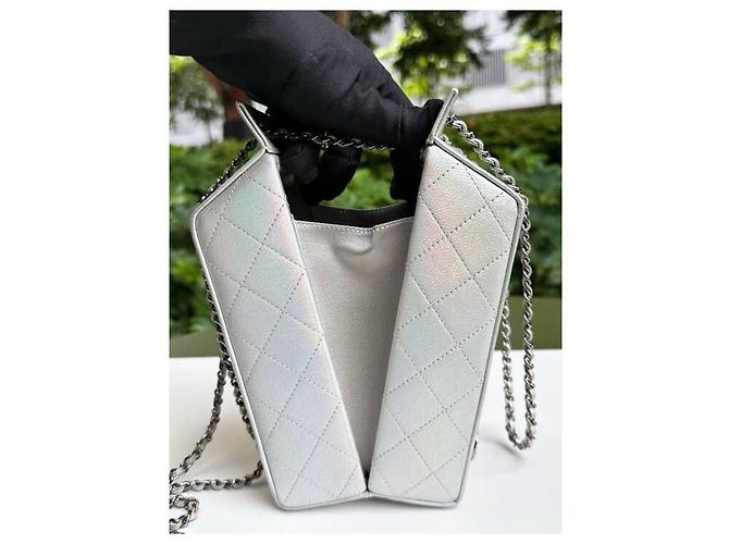 Chanel Borsa a cartone di latte Lait de Coco in pelle di capra argento iridescente Silver hardware - vista 13