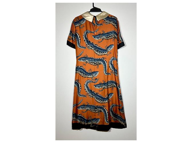 Gucci Vestido Animalium de Seda con Estampado de Salamandra Azul Bronce - vista 2