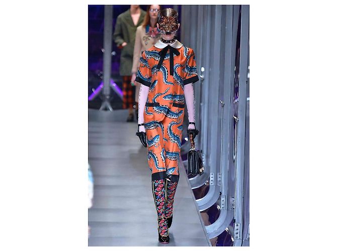 Gucci Vestido Animalium de Seda con Estampado de Salamandra Azul Bronce - vista 6