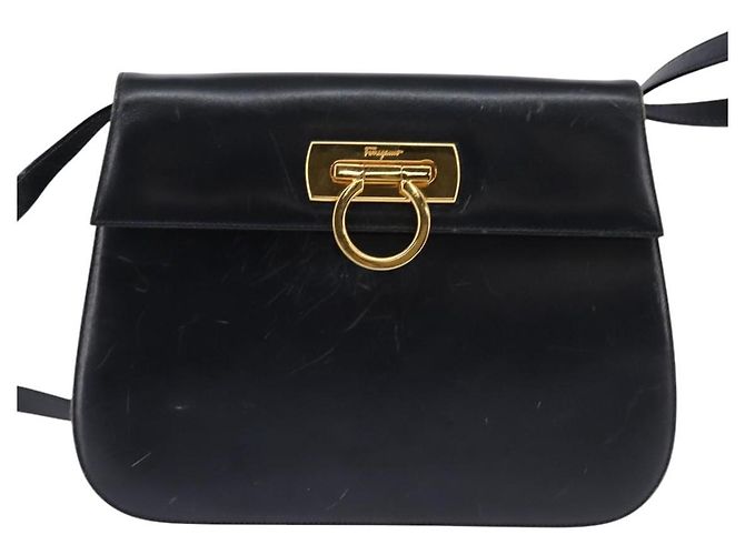 Borsa a mano in pelle Salvatore Ferragamo Gancini blu navy oro Auth 142667 - vista 2