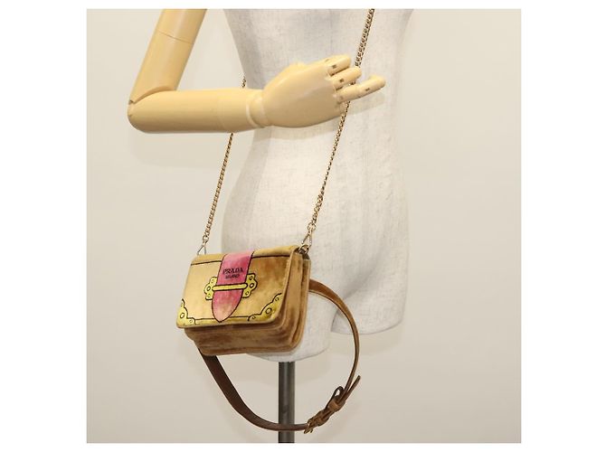 PRADA Borsa a Spalla Chain Kaye Velluto Beige Oro Auth 141360 D'oro - vista 23