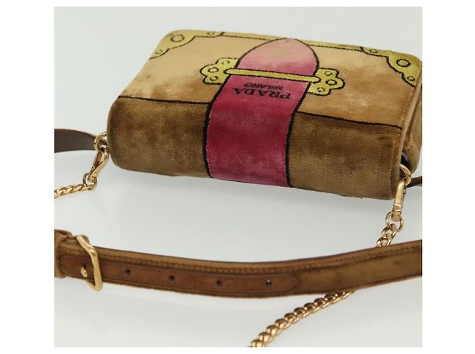 PRADA Borsa a Spalla Chain Kaye Velluto Beige Oro Auth 141360 D'oro - vista 6