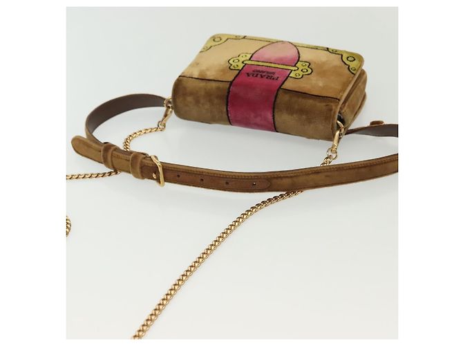 PRADA Borsa a Spalla Chain Kaye Velluto Beige Oro Auth 141360 D'oro - vista 7