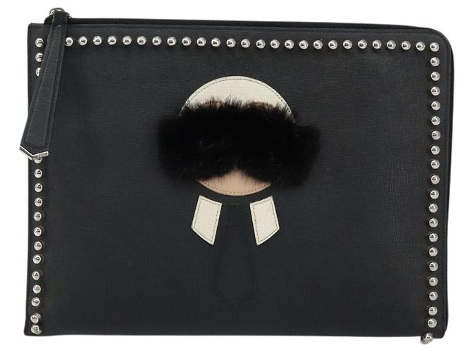 FENDI Borsa Clutch Karl Lagerfeld Pelle Nera Argento Auth BA5613 Nero - vista 2