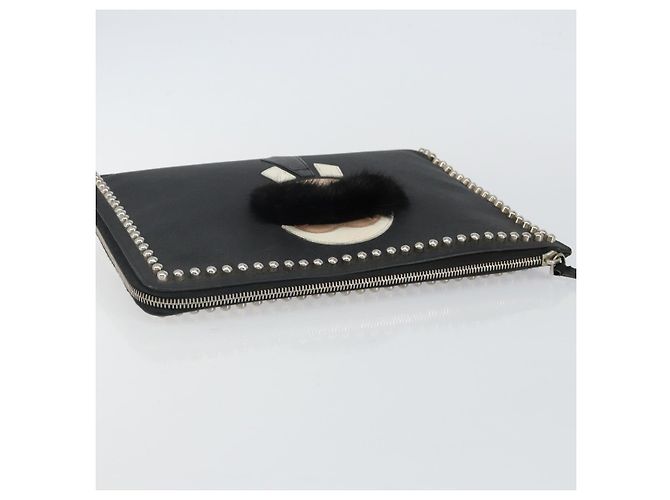 FENDI Borsa Clutch Karl Lagerfeld Pelle Nera Argento Auth BA5613 Nero - vista 6
