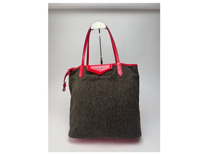 Vintage Givenchy Antigona Woll und Lackleder Tote Bag grau rot - Ansicht 14
