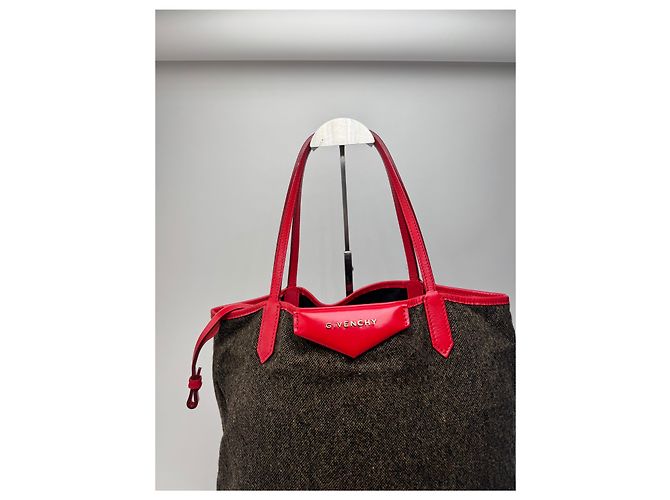 Vintage Givenchy Antigona Woll und Lackleder Tote Bag grau rot - Ansicht 7