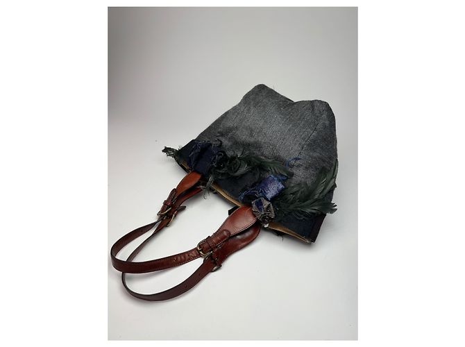 Vintage Marni Woll-Leder Tote Bag Grau Mehrfarben - Ansicht 10