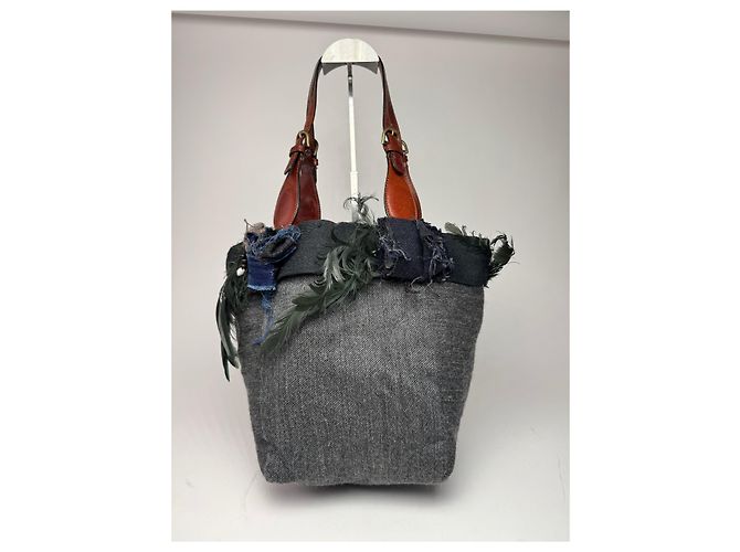 Vintage Marni Woll-Leder Tote Bag Grau Mehrfarben - Ansicht 15