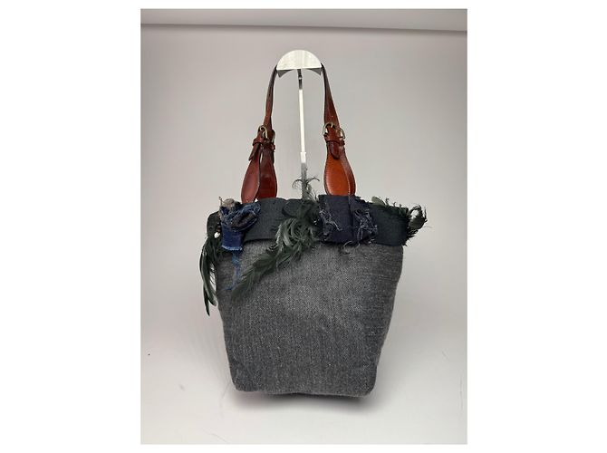 Vintage Marni Woll-Leder Tote Bag Grau Mehrfarben - Ansicht 5