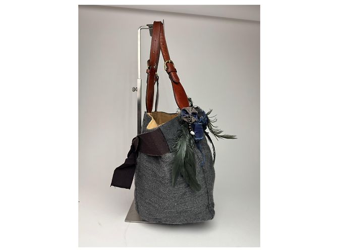 Vintage Marni Woll-Leder Tote Bag Grau Mehrfarben - Ansicht 6