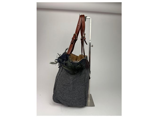 Vintage Marni Woll-Leder Tote Bag Grau Mehrfarben - Ansicht 8