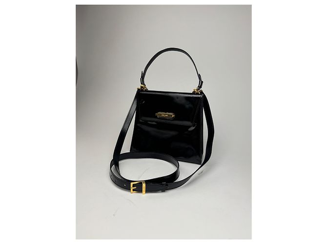 Céline Vintage Celine Paris 2-Wege Handtasche aus schwarzem Lackleder - Ansicht 14