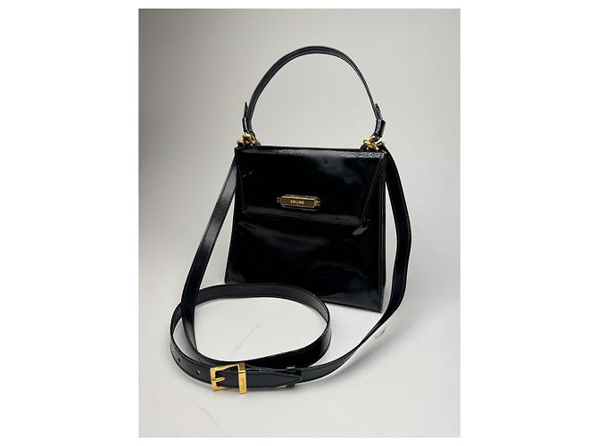 Céline Vintage Celine Paris 2-Wege Handtasche aus schwarzem Lackleder - Ansicht 2